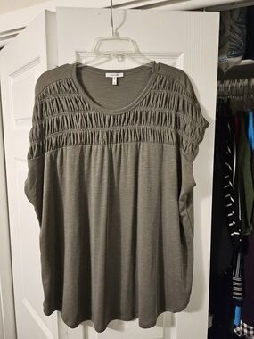 Maurices Olive Smocked Yoke Short Sleeve Tunic